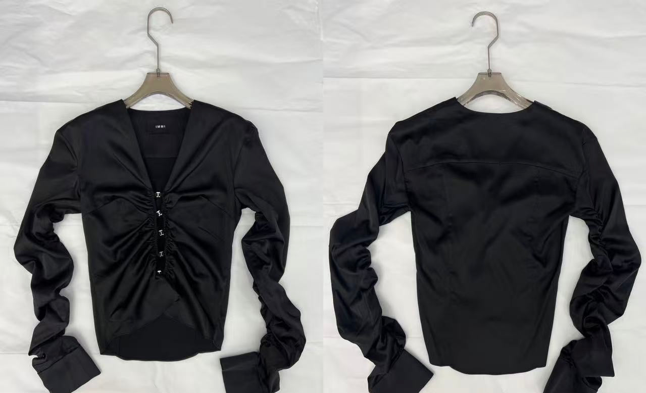 Black Ruched Sleeve Satin Top - Button Front Long Sleeve Blouse