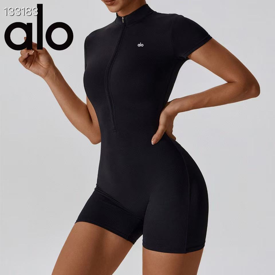 Sculpting alo Yoga Zip Up One-Piece for Women | Neutral Luxe Loungewear Short Sleeved Solid Color Spandex Snatched Fit