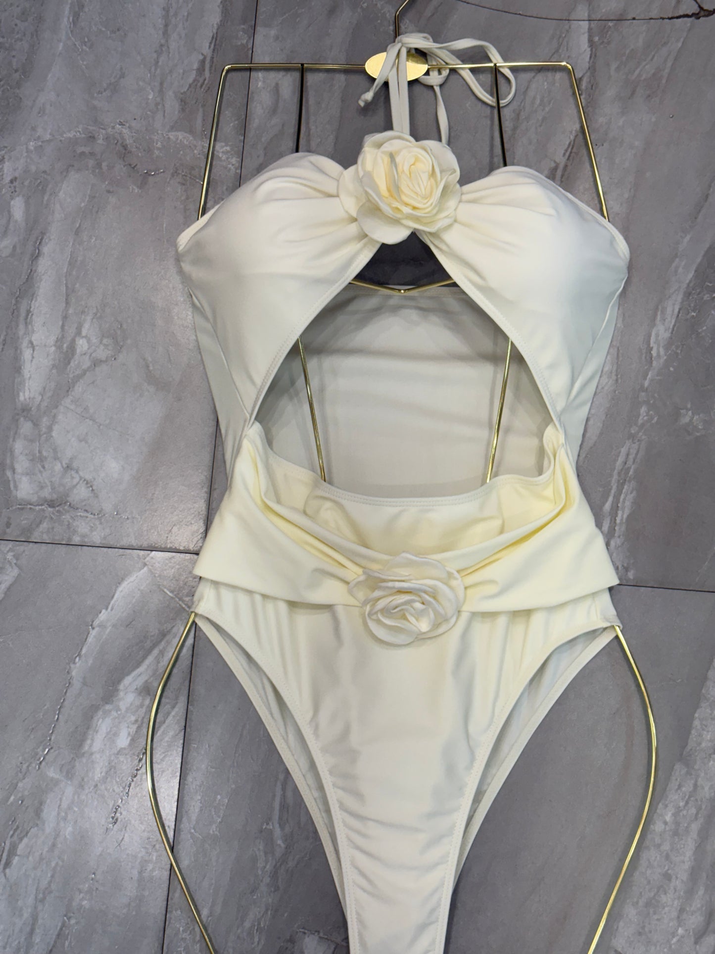 Floral Cutout One-Piece Swimsuit | Halter Neck rwith 3D Rose Detail