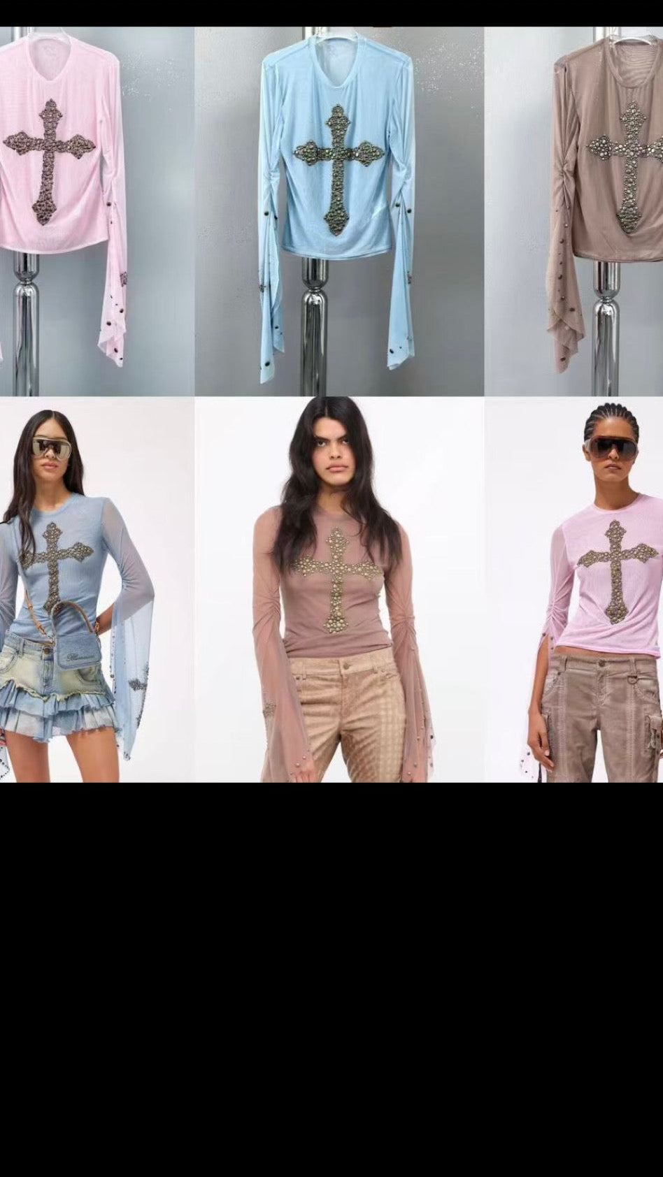 Y2K Cross Mesh Long Sleeve Top – Crystal Studded Sheer Shirt with Flared Sleeves