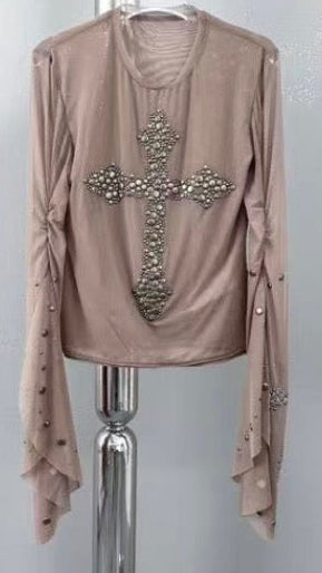 Y2K Cross Mesh Long Sleeve Top – Crystal Studded Sheer Shirt with Flared Sleeves