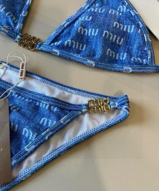 Miu Miu-Inspired Blue Monogram Bikini Set – Blue Triangle Top & High-Cut Bottoms