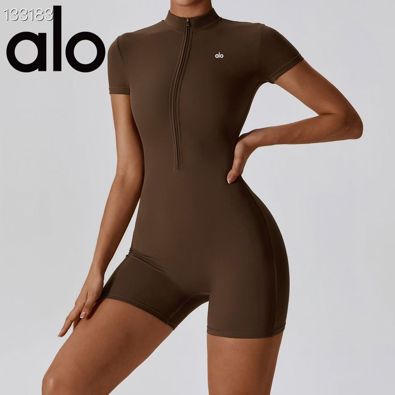 Sculpting alo Yoga Zip Up One-Piece for Women | Neutral Luxe Loungewear Short Sleeved Solid Color Spandex Snatched Fit
