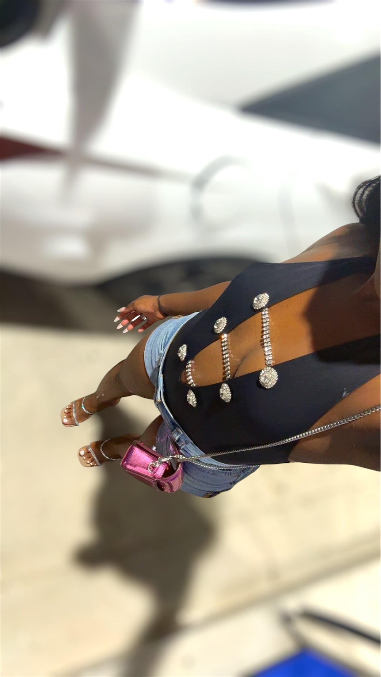 Black Halter Rhinestone Bodysuit - Sexy Plunge Neck One Piece