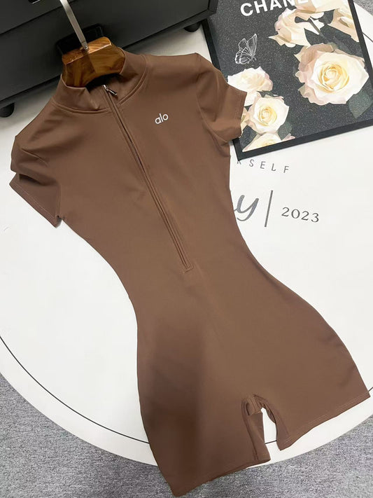 Sculpting alo Yoga Zip Up One-Piece for Women | Neutral Luxe Loungewear Short Sleeved Solid Color Spandex Snatched Fit