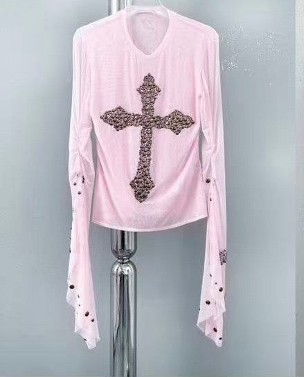 Y2K Cross Mesh Long Sleeve Top – Crystal Studded Sheer Shirt with Flared Sleeves