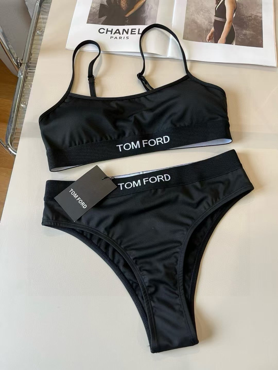 Ebony Icon Bikini Set – Luxe Tom Ford-Inspired Sports Bra & High-Waist Bottom