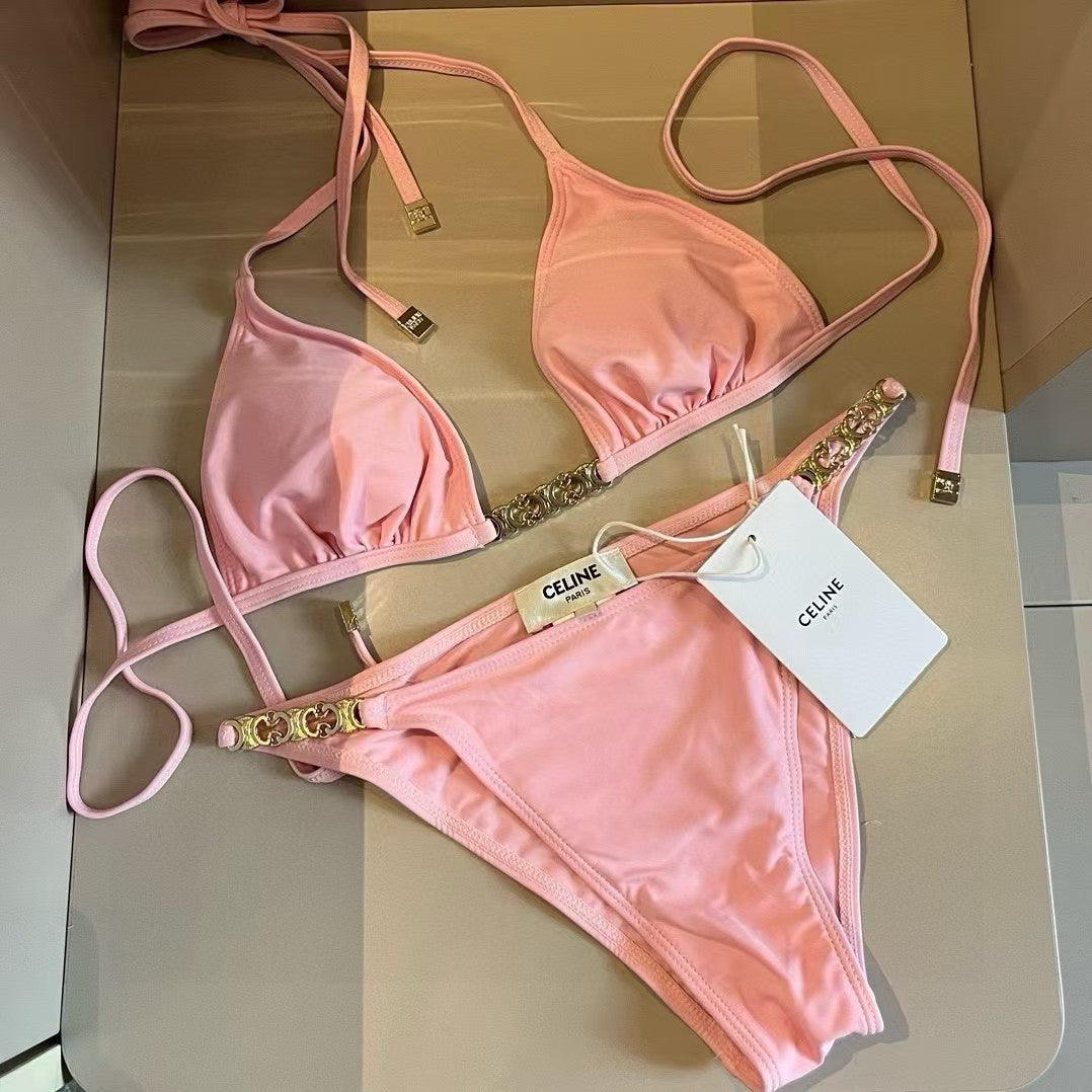 CELINE-Inspired Pink Chain Bikini Set Luxury Triangle Top Swimsuit for Women
