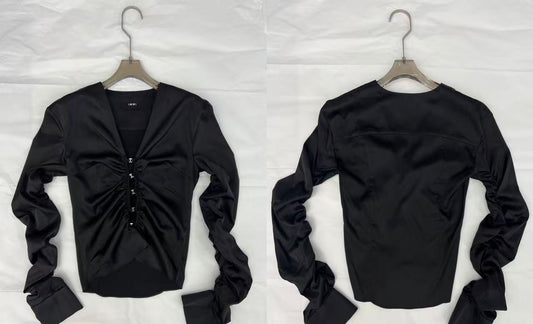 Black Ruched Sleeve Satin Top - Button Front Long Sleeve Blouse