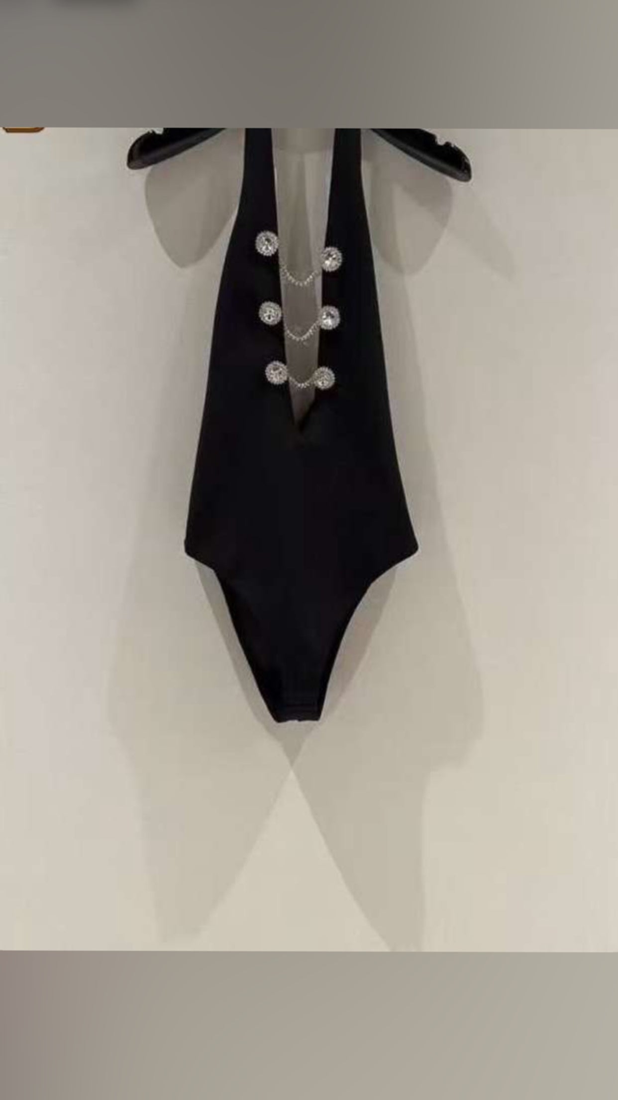 Black Halter Rhinestone Bodysuit - Sexy Plunge Neck One Piece