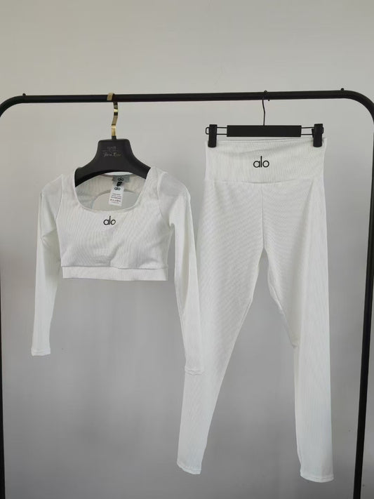 Alo White Ribbed Activewear Set – Long Sleeve Crop Top & High-Waist Legging
