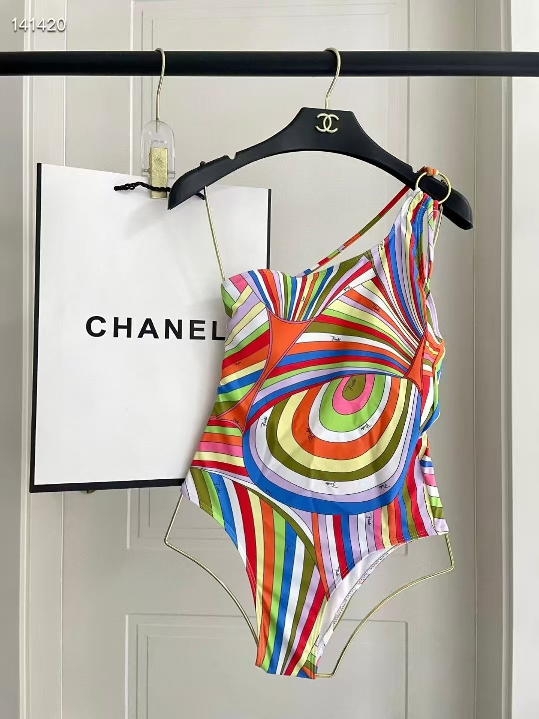 Rainbow Swirl One-Shoulder Swimsuit – Designer-Inspired Luxury Monogram Print Swimwear | Bold Statement One-Piece