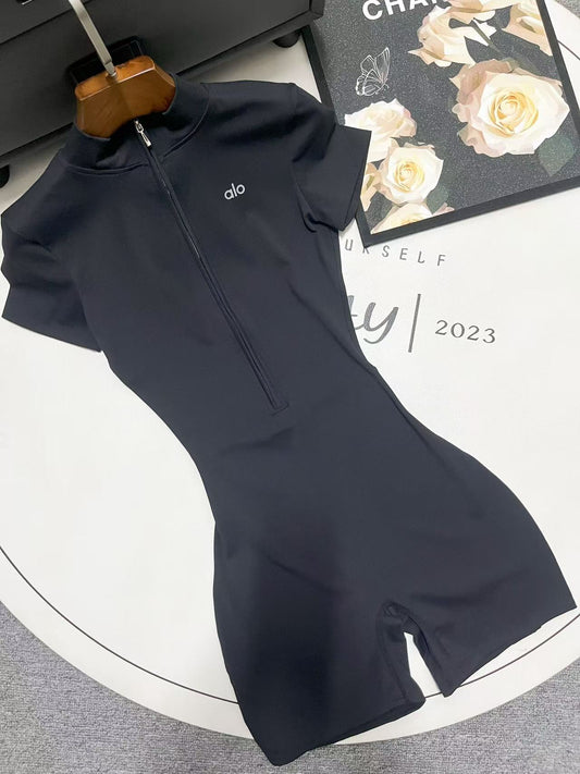 Sculpting alo Yoga Zip Up One-Piece for Women | Neutral Luxe Loungewear Short Sleeved Solid Color Spandex Snatched Fit