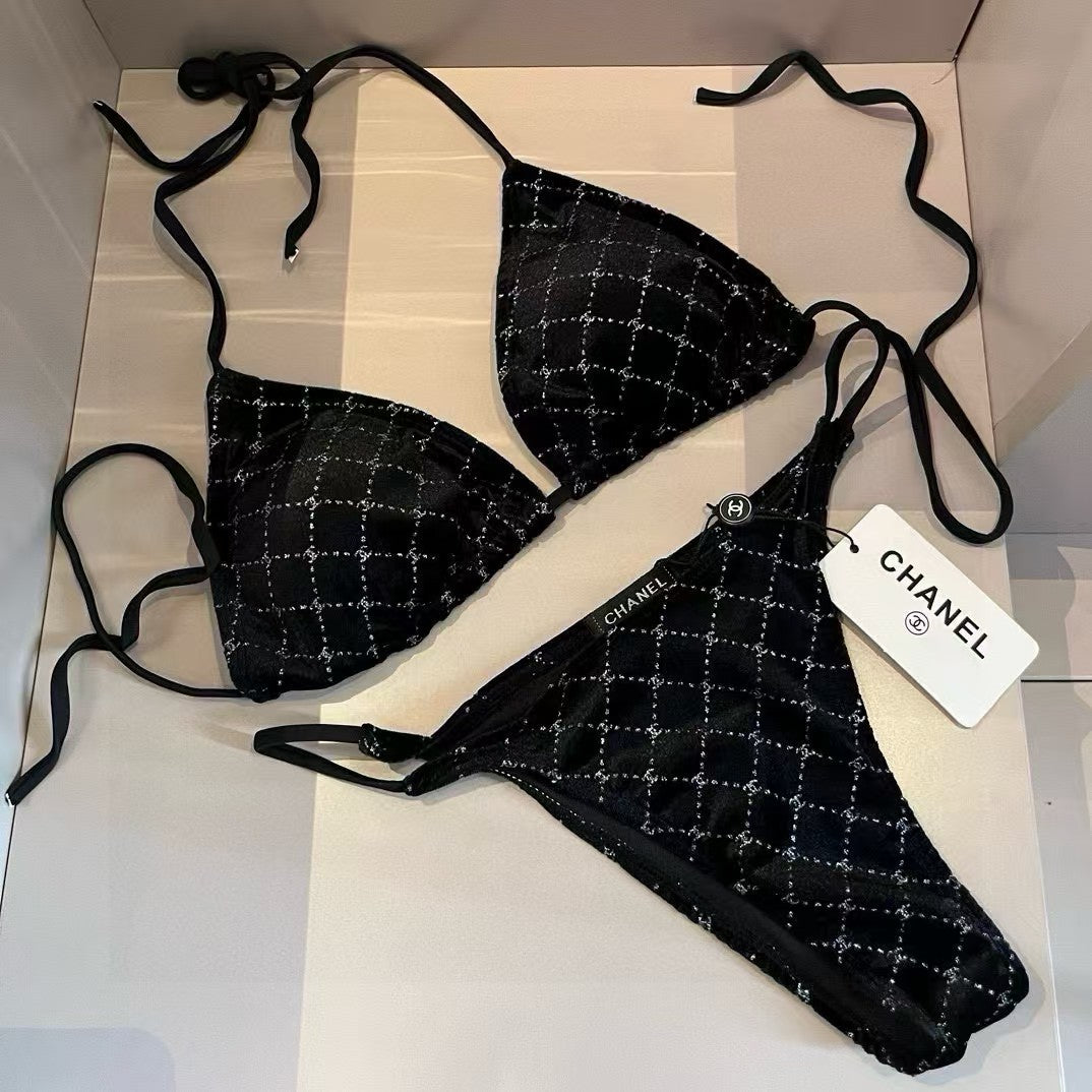 CHANEL-Inspired Velvet Bikini Set Black Monogram Luxury Swimwear
