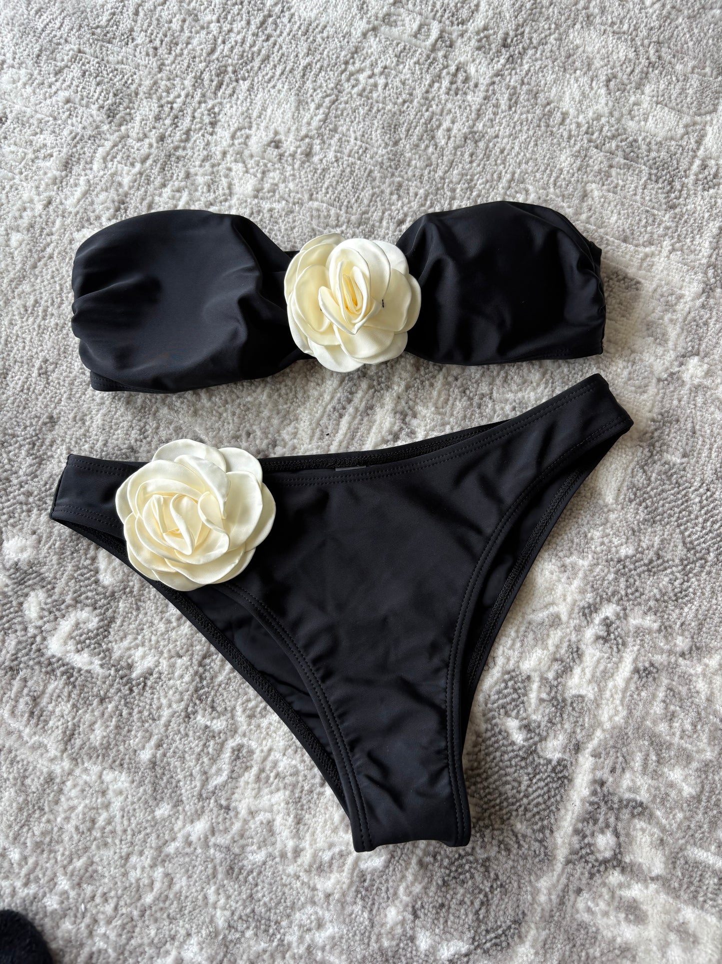 Black 3-Piece Floral Bikini Set with Wrap Skirt – Elegant Swimwear for Summer Vacations & Poolside Luxe