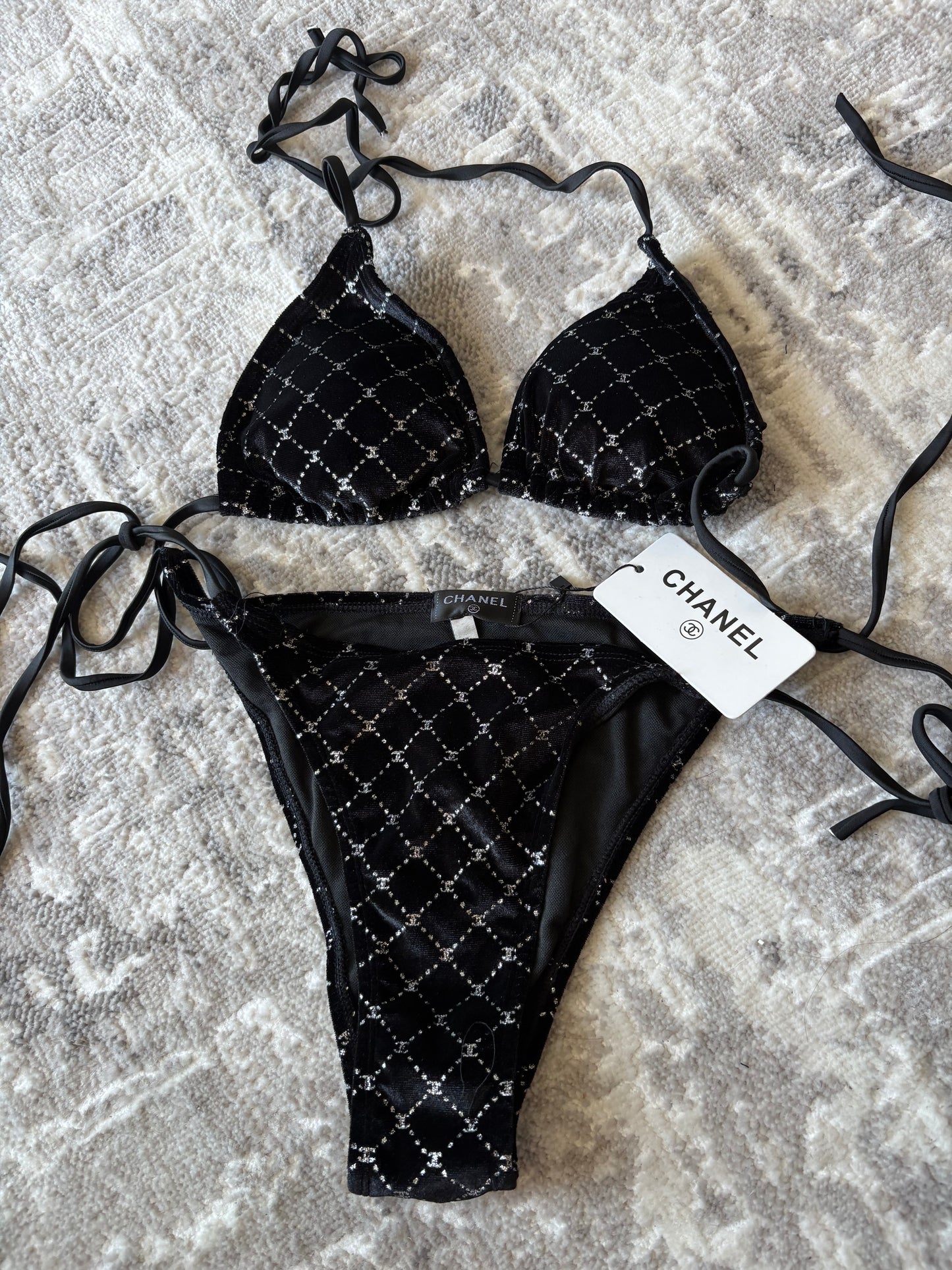 CHANEL-Inspired Velvet Bikini Set Black Monogram Luxury Swimwear