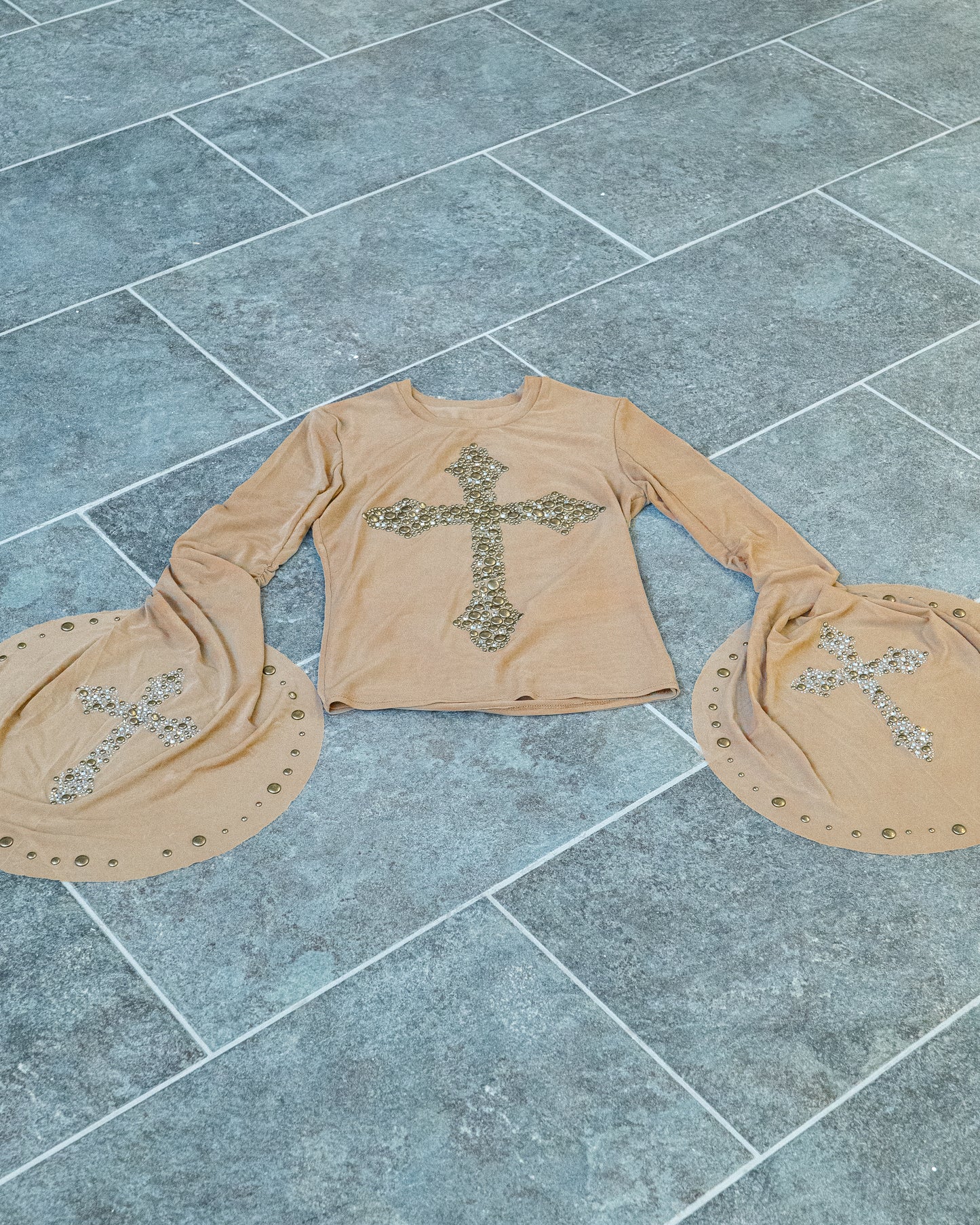 Y2K Cross Mesh Long Sleeve Top – Crystal Studded Sheer Shirt with Flared Sleeves