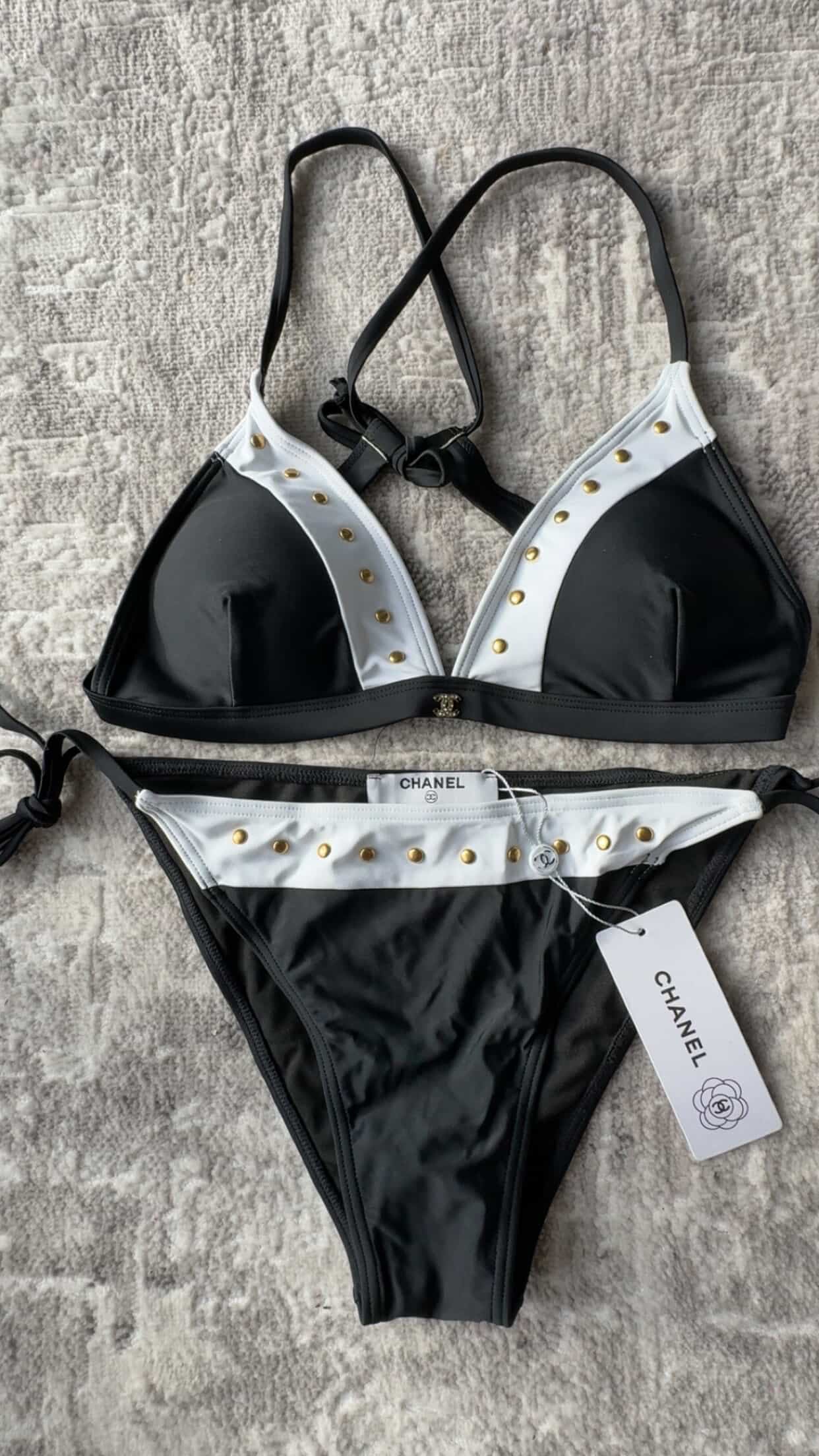 Chanel-Inspired Black and White Studded Bikini Set – Luxury Designer Dupe Swimwear