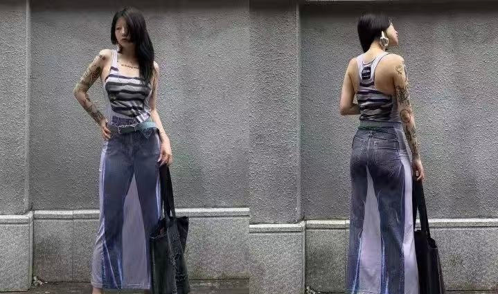 Edgy Illusion Denim Maxi Dress - Striped Tank Top & Faux Jean Print (Y2K, Streetwear)