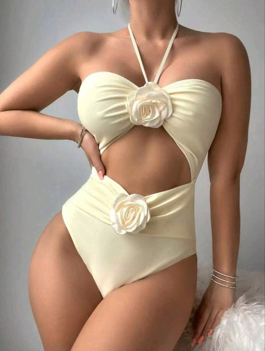 Floral Cutout One-Piece Swimsuit | Halter Neck rwith 3D Rose Detail