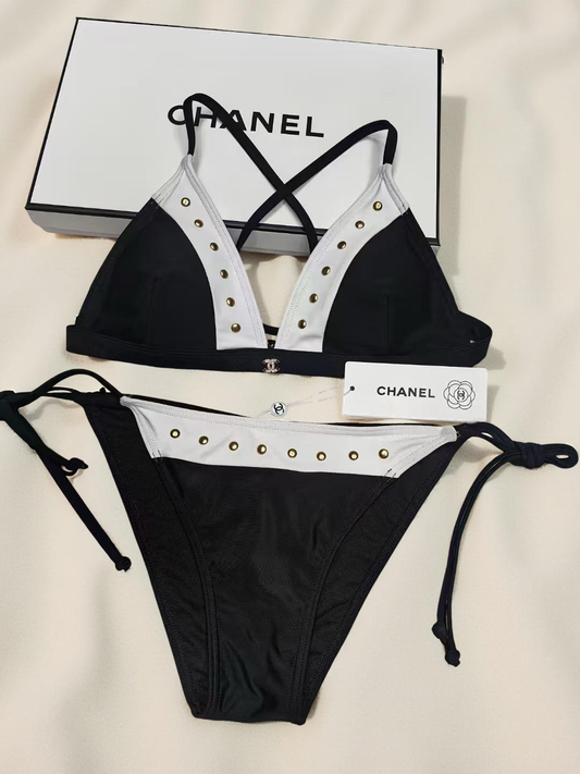 Chanel-Inspired Black and White Studded Bikini Set – Luxury Designer Dupe Swimwear