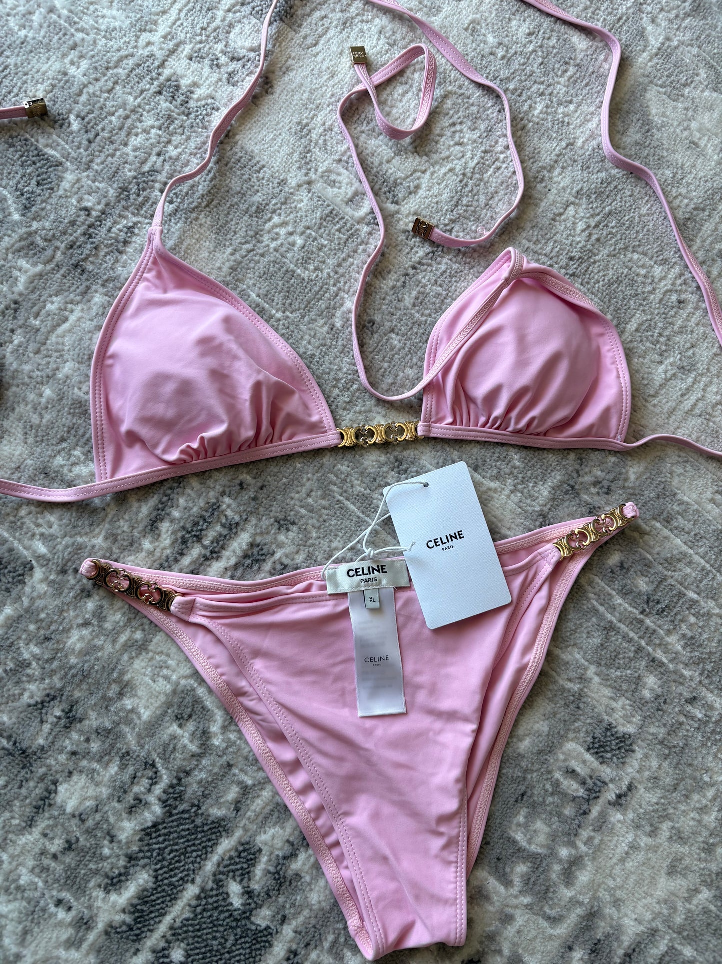 CELINE-Inspired Pink Chain Bikini Set Luxury Triangle Top Swimsuit for Women