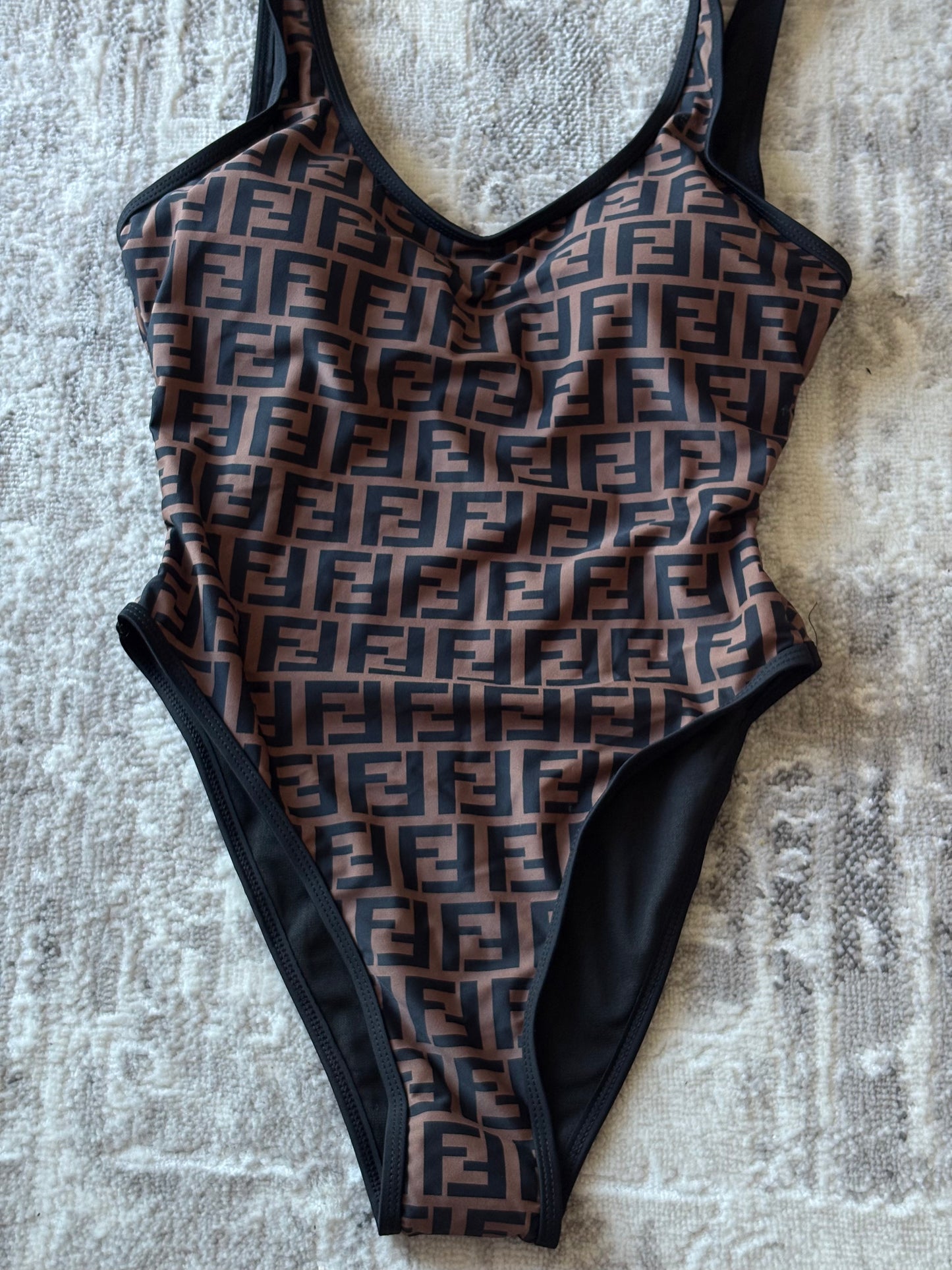 Designer-Inspired One Piece Swimsuit – FF Logo Monogram | High Leg Luxury Beachwear for Women