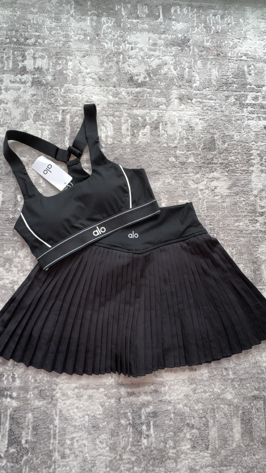 Alo Tennis Skirt Set – Black Pleated Skirt & Matching Sports Bra | Luxury Activewear for Women