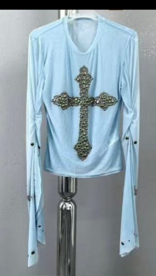 Y2K Cross Mesh Long Sleeve Top – Crystal Studded Sheer Shirt with Flared Sleeves