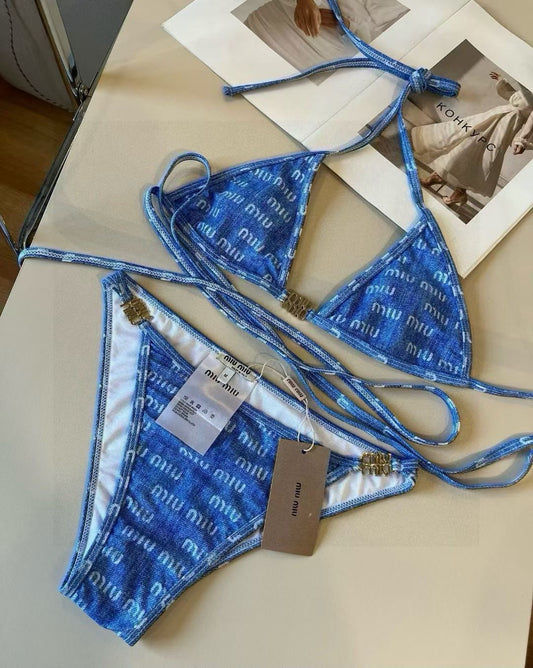 Miu Miu-Inspired Blue Monogram Bikini Set – Blue Triangle Top & High-Cut Bottoms