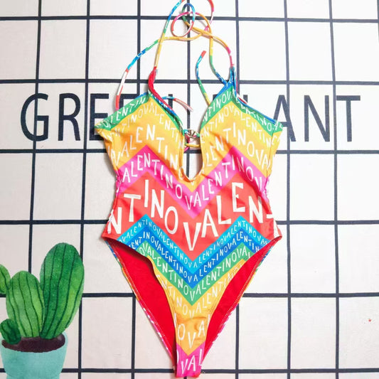 Rainbow Logo One-Piece Swimsuit – Designer-Inspired Cutout Monogram Swimwear | Luxury Summer Statement