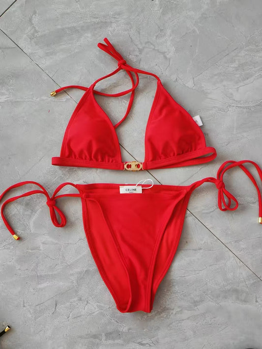 Celine Red Triangle Bikini Set – Luxe Adjustable Swimwear for Effortless Summer Style