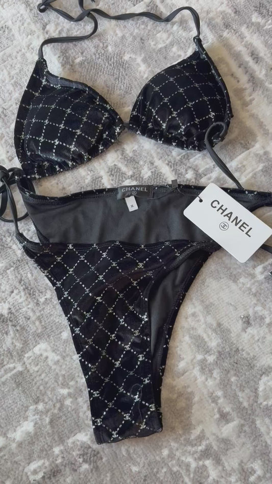 CHANEL-Inspired Velvet Bikini Set Black Monogram Luxury Swimwear
