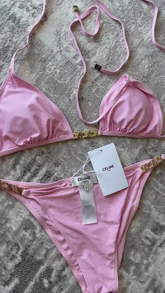 CELINE-Inspired Pink Chain Bikini Set Luxury Triangle Top Swimsuit for Women